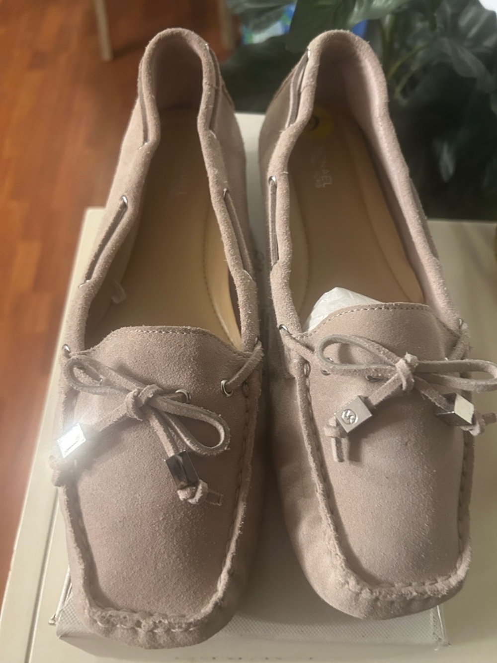 Michael Kors Taupe Suede Moccasin Loafers with Bow Accent